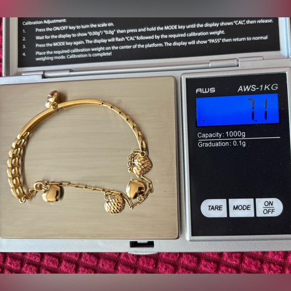 - SOLD- Solid 18k Japan Gold - Half Bangle Bracelet w/ Hearts Charm - Picture 2 of 4
